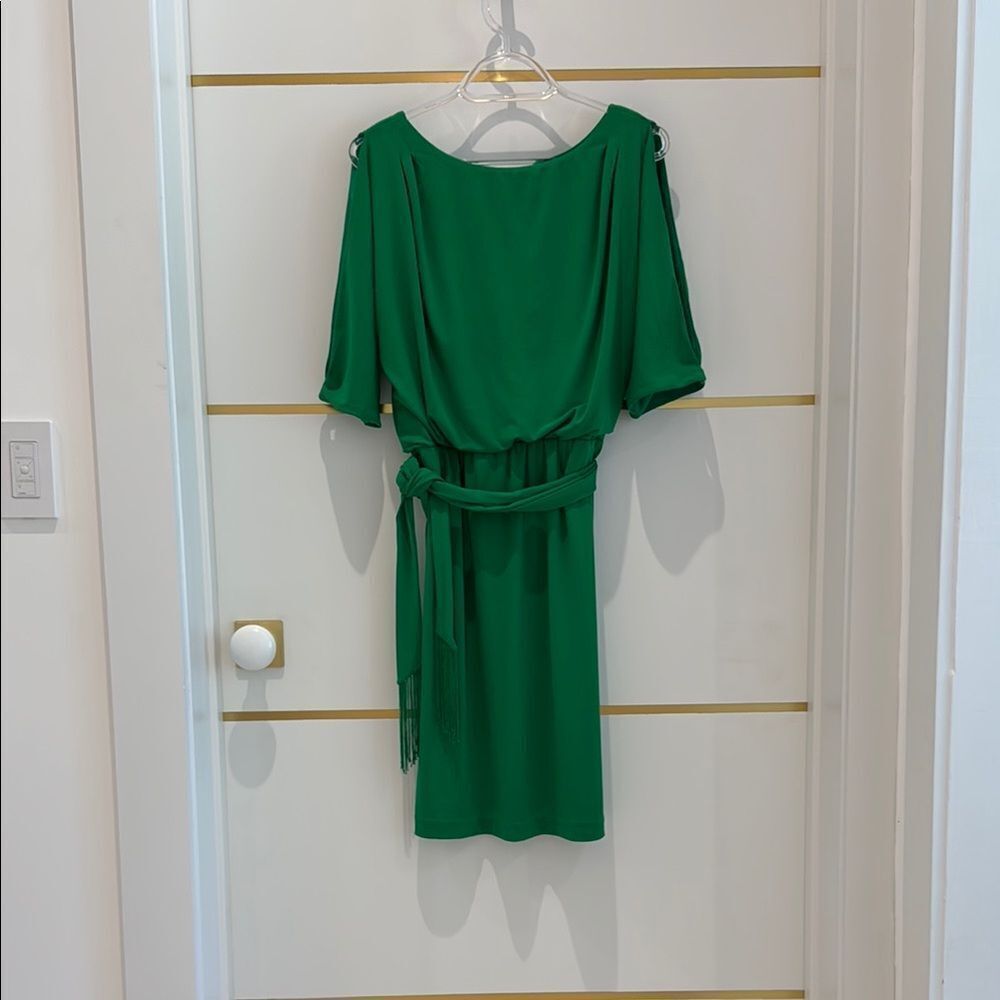 NEW YORK & CO Kelly green belted tassel open sleeve dress holiday party dress XS